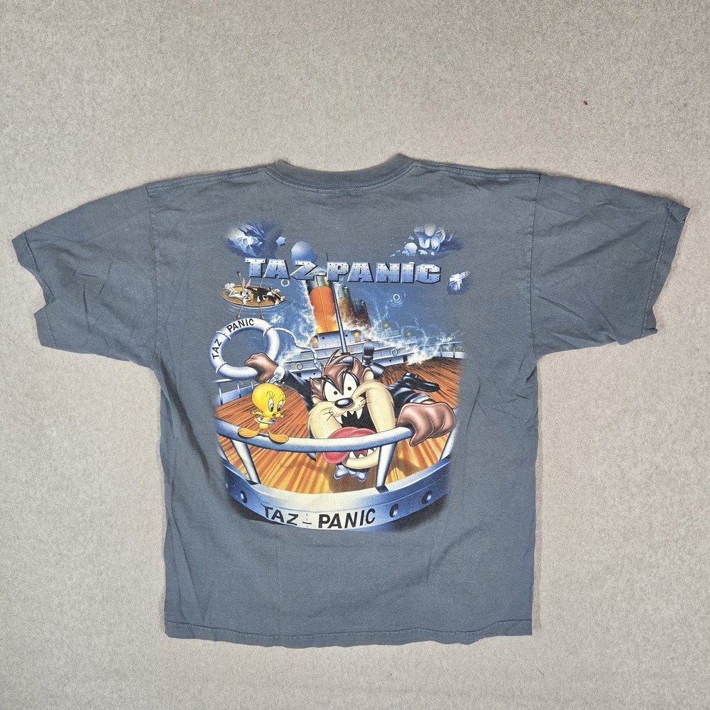 VINTAGE Looney Tunes 1997 Men Shirt XL Blue Taz-Panic Graphic Made in USA READ